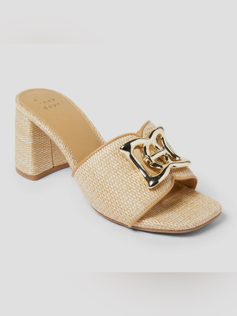 Neutral Raffia Block Heel Slide with Gold Accent NWT
